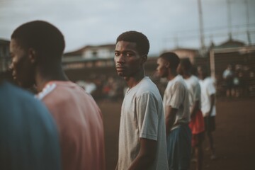 Fototapeta premium A group of young African soccer players on the soccer field. 
