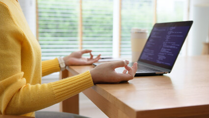 Take a break tech talent worker hybrid workplace office deep calm mindful relax self care reduce stress relief from work at home zen yoga hand mental health happy focus life detox online remote class.
