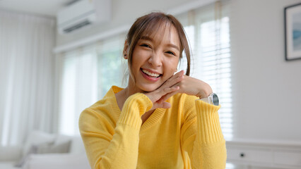 Work from home office desk asia people digital nomad young gen z teen female smile look at camera...
