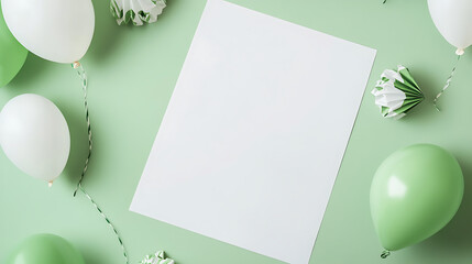 Mint green backdrop adorned with white and light green balloons, origami decorations, and a crisp white paper, perfect for adding text or images for a festive design or invitation.
