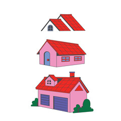 Whimsical Flat Style Three Colorful Houses Arrangement Vector Illustration