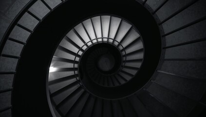Spiral staircase in monochrome architectural style leading upwards from a low angle view