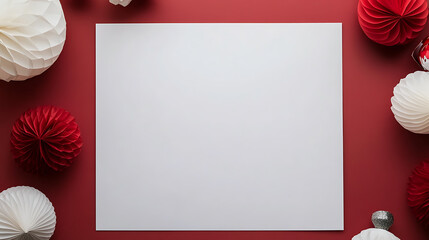 Festive flat lay with red and white honeycomb decorations and a central blank paper sheet for personalized messages or graphics, capturing a minimalist and celebratory mood.