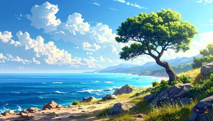 A scenic coastal view with a vibrant tree, serene ocean, and fluffy clouds under a bright blue sky
