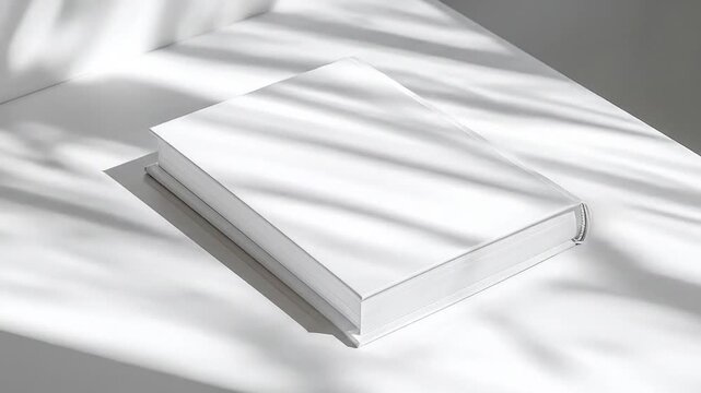 Blank book on a white surface with shadows.