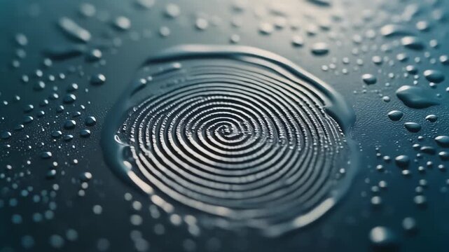 A detailed close-up of a unique fingerprint impression formed in a pool of water on a dark, wet surface with surrounding droplets.