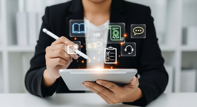 Human resources professional with tablet and stylus manages digital human resources tasks, employee training, and certification. virtual icons streamline workflow & communication.