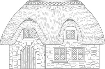 A charming sketch of a quaint cottage with a thatched roof and stone walls