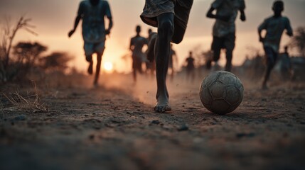 Boys playing barefoot soccer in the African savanna at sunset.