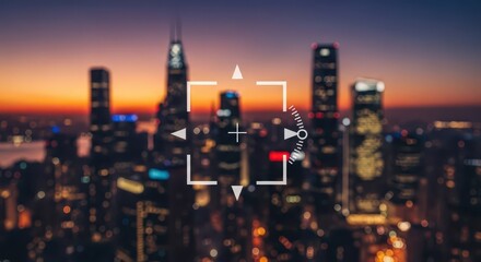 Fototapeta premium Digital camera focus indicator overlays a blurred metropolitan skyline during twilight hours