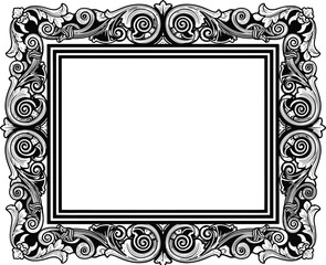 Ornate black and white frame with detailed scrollwork and a blank center