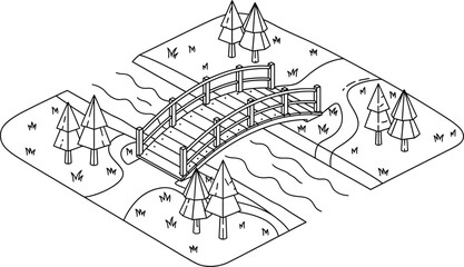 A simple line drawing depicts a curved bridge over a small stream