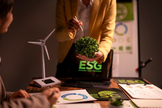 People discussing esg sustainability with green energy models