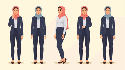 Obraz premium Five illustrations of professional Muslim businesswomen wearing hijabs and business attire in various poses.