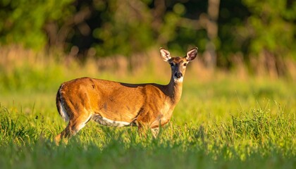 A white-tailed deer stands in a sunlit grassy field, with blurred green trees in the background