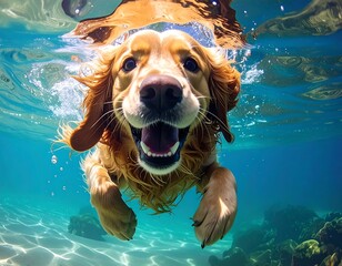 Golden retriever swims in clear turquoise water