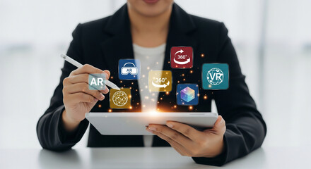 Business professional interacting with tablet, exploring augmented reality, virtual reality, 360-degree experiences, and metaverse concepts for future innovation.
