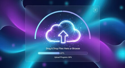 Digital interface displays a cloud storage upload process with glowing neon colors
