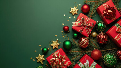 Festive Christmas Gifts and Ornaments on Green Background.