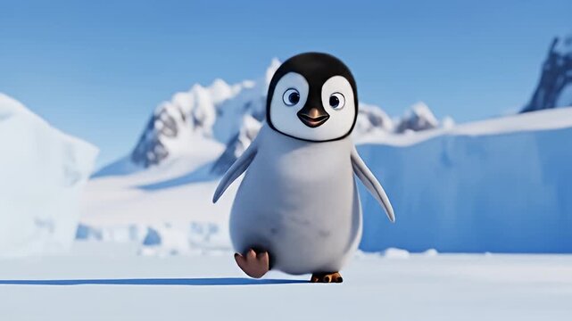 Cute baby penguin walking in the snow.