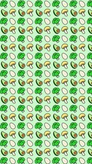 Cute pattern with avocados, eggs, broccoli, and mushrooms on a soft green background. Playful, fresh design perfect for kitchen themes and food projects. Ratio 9:16