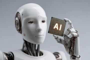Naklejka premium Artificial intelligence robot holding an AI microchip in hand
