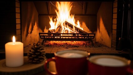 Warm fireplace with burning logs, a glowing candle, pine cone, and two red mugs, creating a cozy, inviting winter scene.