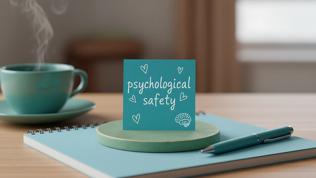 Blue sticky note on a notebook reads psychological safety with small heart drawings. Beside is a teal pen and coffee cup. Concept for workplace wellbeing mental health. Workplace Well-being & Organiza