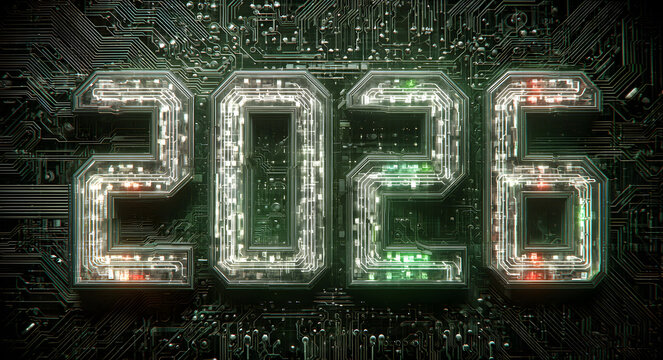 Future tech forecast 2026 glowing circuit board numbers vibrant digital connections inspire innovation