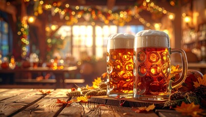 Beer mugs at a rustic bar during autumn.
