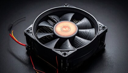 Black CPU cooler fan with blades, heat sink, wires, and screws on a dark surface