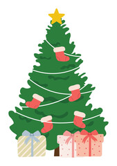 Modern Christmas tree illustration in clean flat style, holiday pine with playful stockings and gift boxes for seasonal branding, greeting cards, stickers