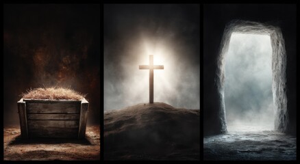 Triptih of an empty manger, a christian cross and an open tomb.
