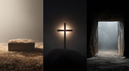 Triptih of an empty manger, a christian cross and an open tomb.
