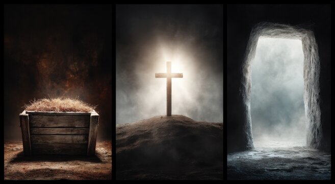 Triptih of an empty manger, a christian cross and an open tomb.

