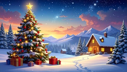 Christmas tree with cabin, snow, and sunset landscape.