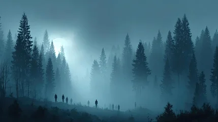 Plexiglas schilderij Mistig bos A deep forest with ghostly forms at dusk concept. Mysterious fog enveloping tall trees in a serene forest setting.  © Thamonchanok