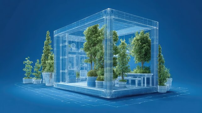 Eco friendly house on blueprints concept. A conceptual image of a modern garden design with trees.