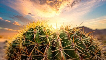 Close-up of a cactus with sharp spikes basking in the golden sunset light, desert backdrop