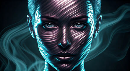 Striking futuristic portrait with flowing lines and vibrant blue and pink hues, embodying innovation, artistic expression, and modern technology's allure