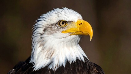 Close-up of a majestic bald eagle, showing its striking white head, yellow beak, and intense gaze