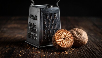 Close-up of a nutmeg grater and two whole nutmegs on a rustic wooden surface