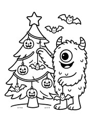 Fototapeta premium Monster Christmas Fun: A whimsical monster decorates a Christmas tree with pumpkins and bats, evoking a playful blend of Halloween and festive season