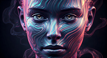 Striking futuristic portrait with fluid metallic textures and glowing eyes, an otherworldly aesthetic perfect for sci-fi, technology, and creative design projects