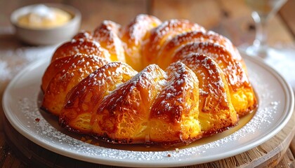Close-up of golden-brown pastry dusted with powdered sugar, set on a white plate