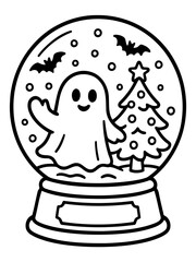 Spooky Snow Globe: A charming illustration depicts a whimsical snow globe, featuring a friendly ghost, bats, and a festive tree, creating a scene of spooky delight.