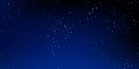 3D illustration of binary code cascading against a dark blue background, symbolizing data flow and digital connectivity