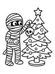 Fototapeta premium Spooky Christmas Decoration: A festive mummy figure decorates a Christmas tree with a skull ornament, blending the joy of the holidays with a hint of eerie fun. 