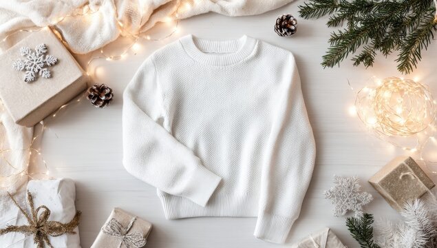 White sweater mockup on a table with Christmas decorations and lights. - Powered by Adobe