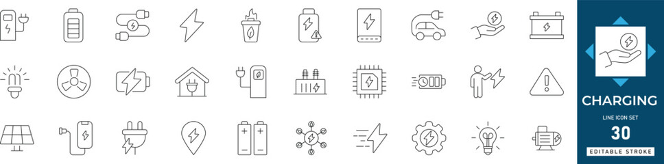  charging icon set featuring battery levels, power, plugs, energy, indicators, fast, charge, symbols, cable, connections, and device power status visuals